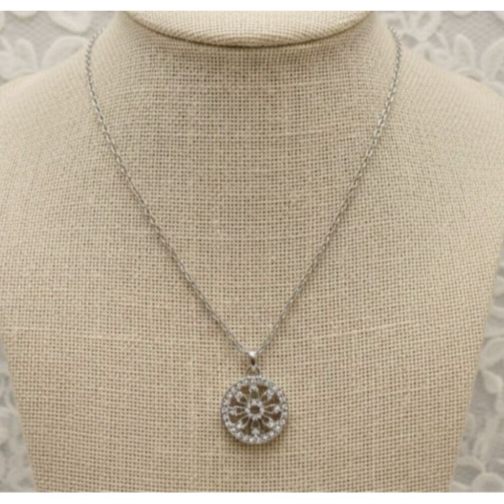 Rhinestone Medallion Pendant Necklace Silver tone Art Deco Style